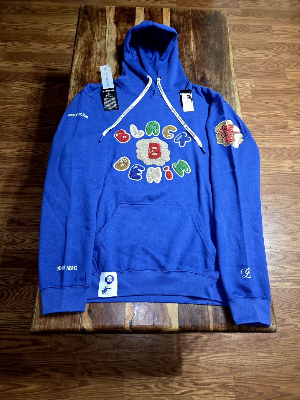 Black Denim Men's Blue Embroidered   Pullover Hoodie. Size Medium
